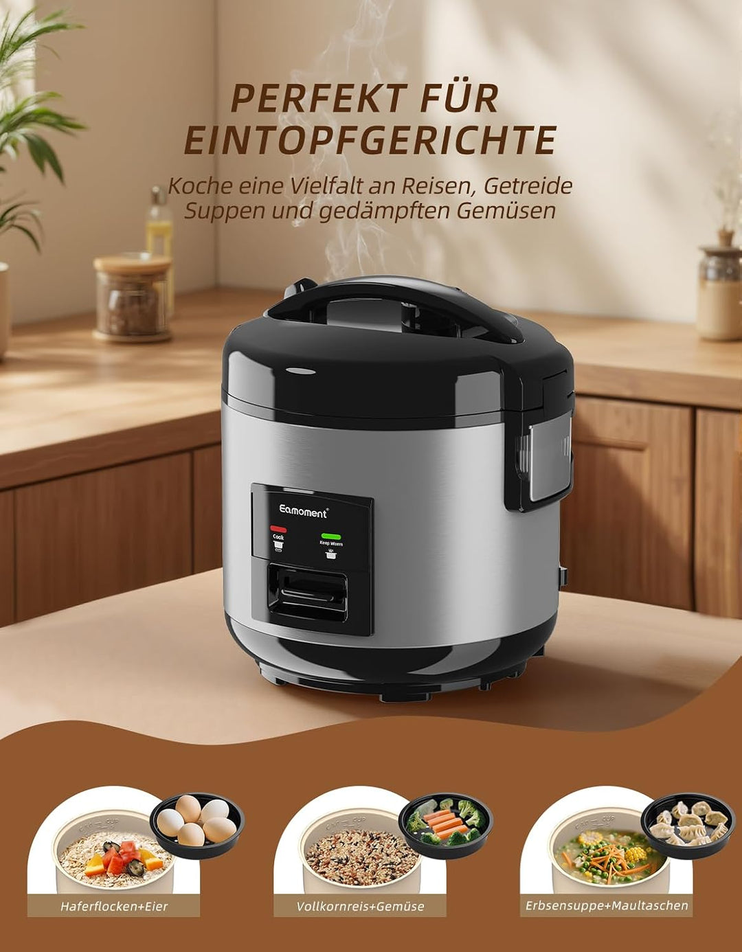 Eamoment DRC-5020SL 1L | 400W Reiskocher &amp; Dampfgarer(1ltr-5 Tassen) Für 1-5 Personen Schnelles Koch