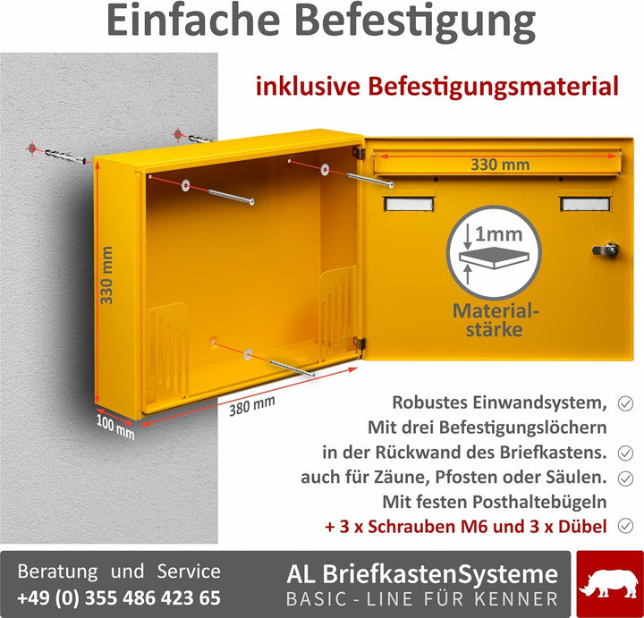 AL Briefkastensysteme Basic 3er Briefkasten RAL 1003 Signal Gelb 3 Fächer DIN A4 wetterfest Briefkas