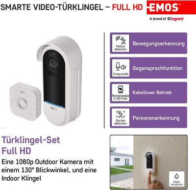 EMOS GoSmart Video-Türklingel IP-15S DC mit WiFi und App, kabellose Smart Home Videoklingel mit 1080