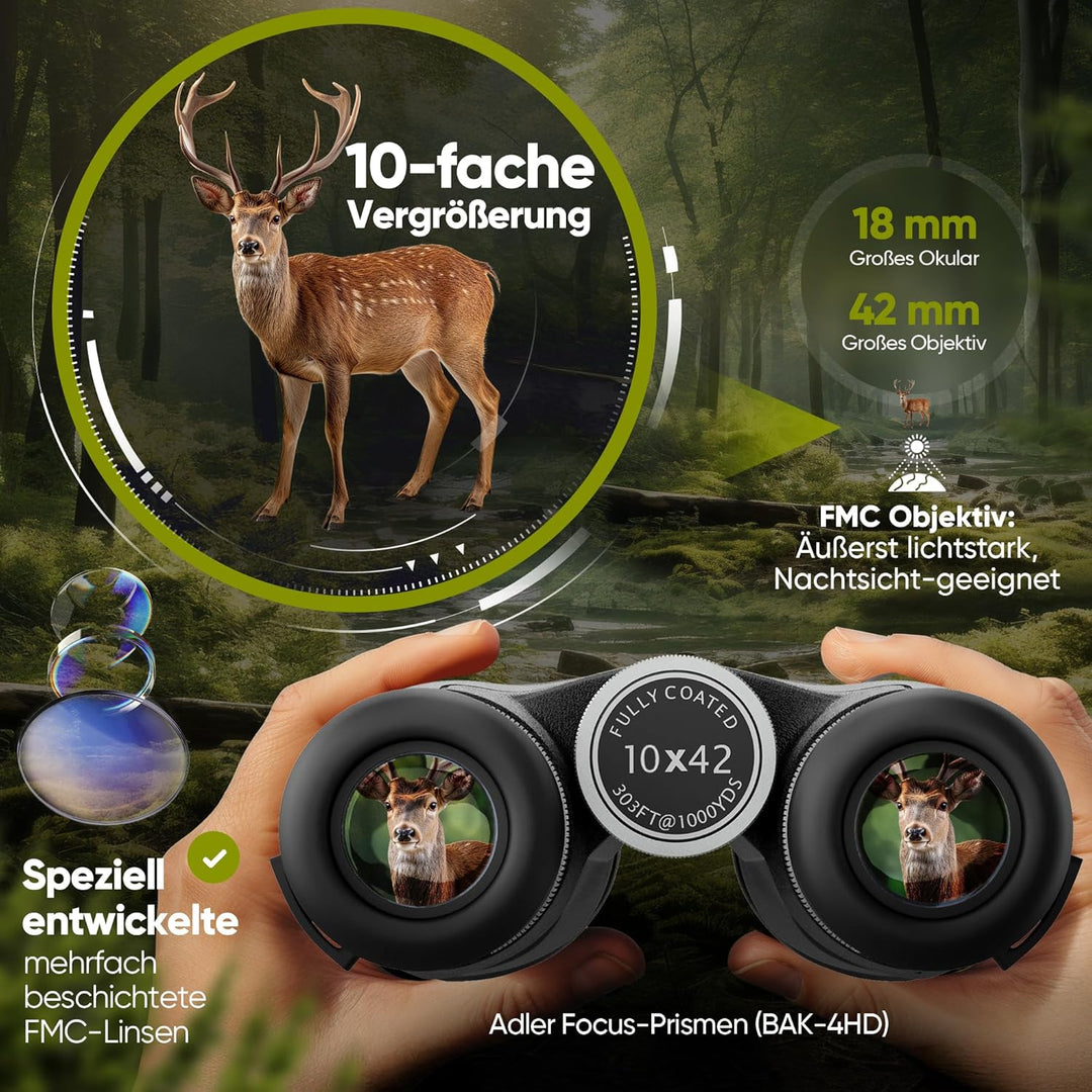 Adler Focus 10x42 Nitro, Magnesium Fernglas mit Nitrogenfüllung, wasserdicht, Fernglas für Erwachsen