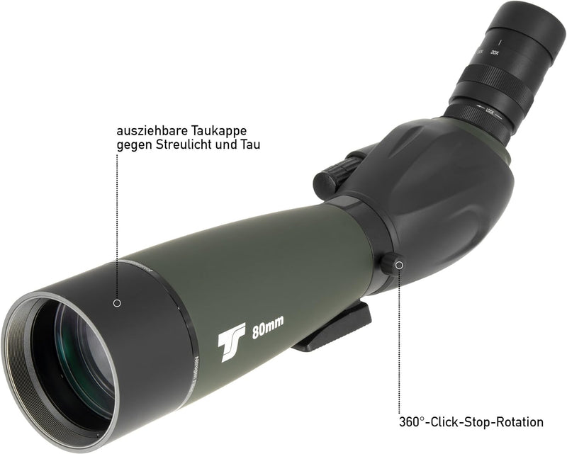 TS-Optics BW80Z Premium 20-60x80 Spektiv für Sportschützen Vogelbeobachtung mit Bereitschaftstasche