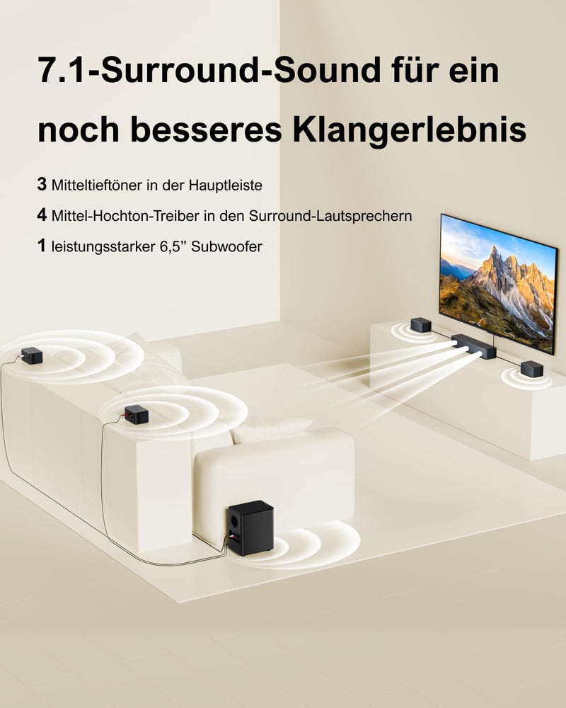 ULTIMEA 7.1ch Soundbar, Virtuelle Surround Sound System für TV, App-Steuerung, 4 kabelgebundene Surr