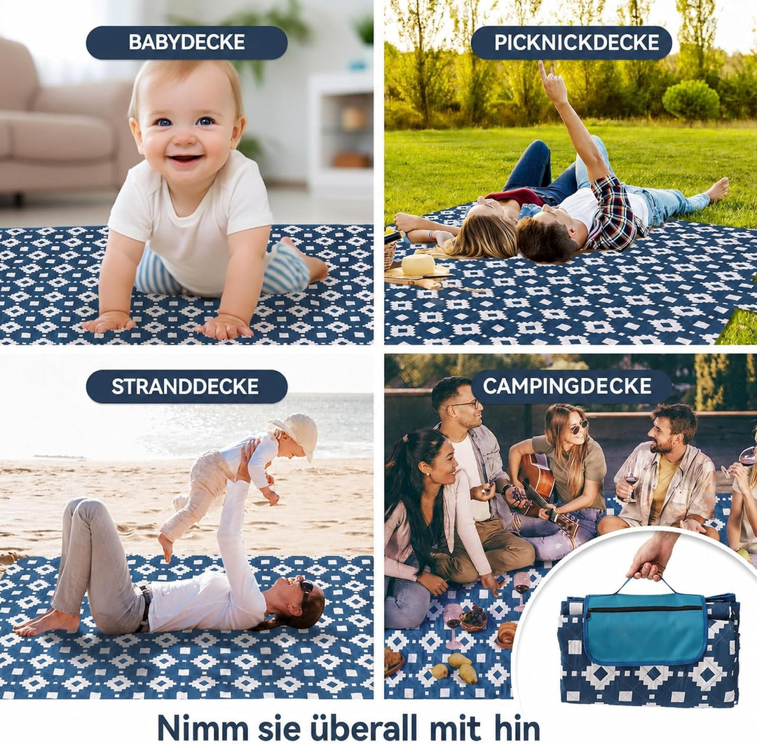 OESSUF Picknickdecke wasserdicht 200x200, extra grosse Picknickdecke XXL Stranddecke sandfrei tragba