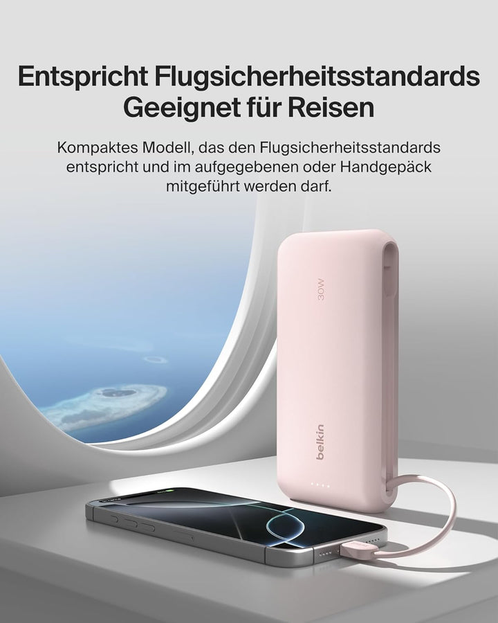 Belkin Portable Powerbank zum Schnellladen mit integriertem Kabel 20K PD 30 W, USB-C Power Delivery,