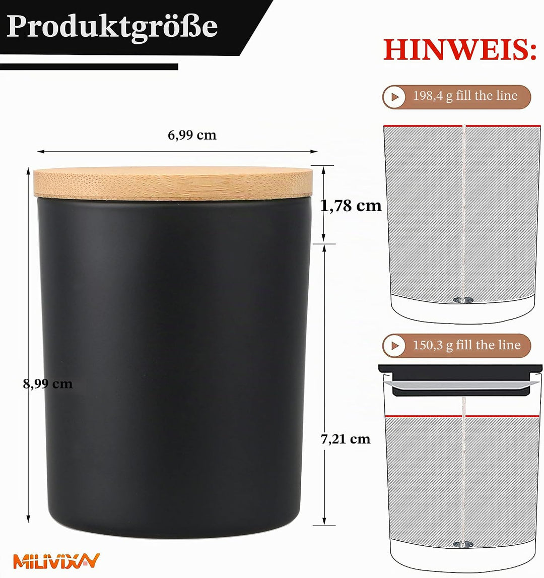 MILIVIXAY 12 Stück 200 ml mattschwarze dicke Glas-Kerzengläser mit Deckel – leere Kerzengläser für d