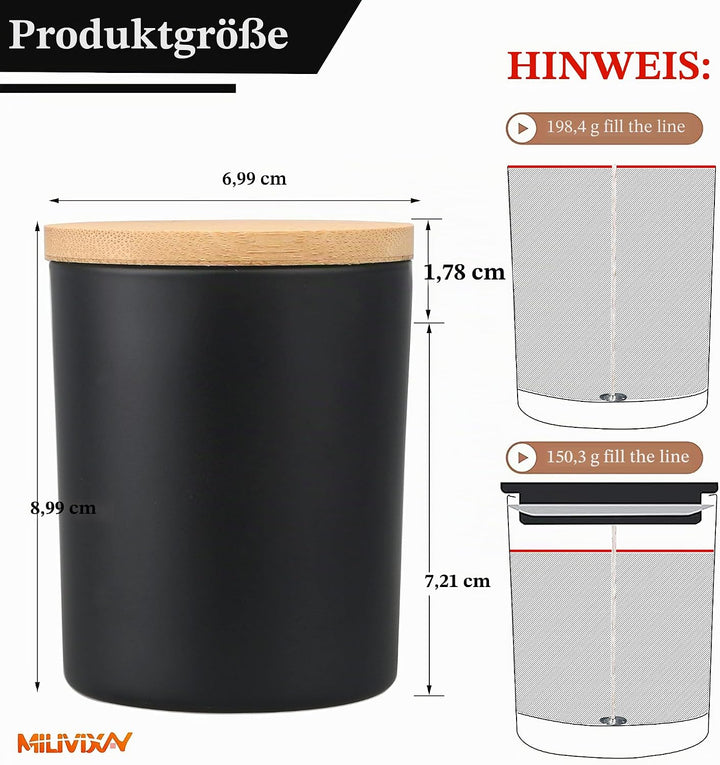 MILIVIXAY 12 Stück 200 ml mattschwarze dicke Glas-Kerzengläser mit Deckel – leere Kerzengläser für d
