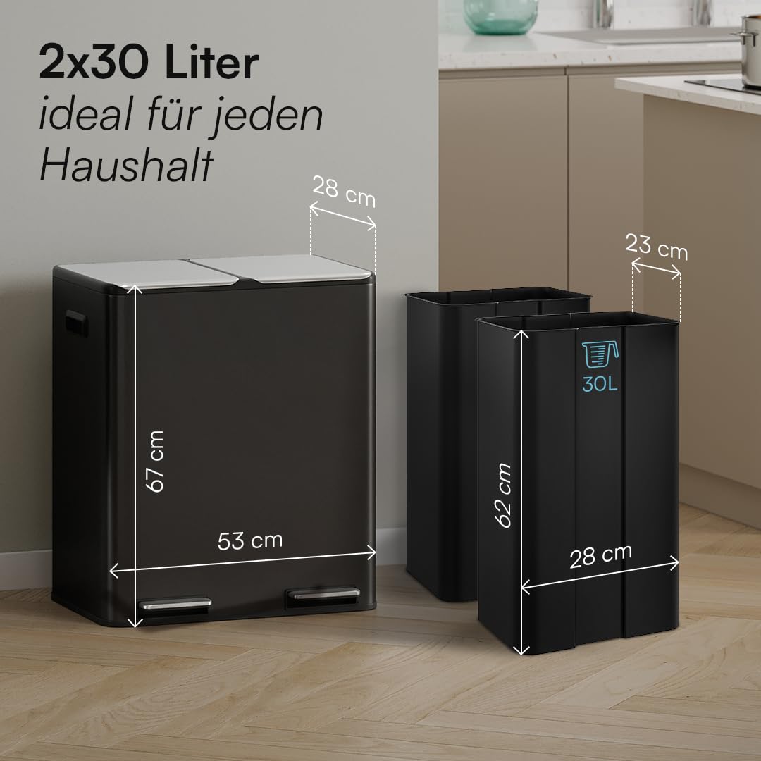 STEELSØN Elyron Mülleimer 2 Fächer – Mülltrennsystem Küche 2x30L aus Edelstahl Schwarz – Tretmülleim