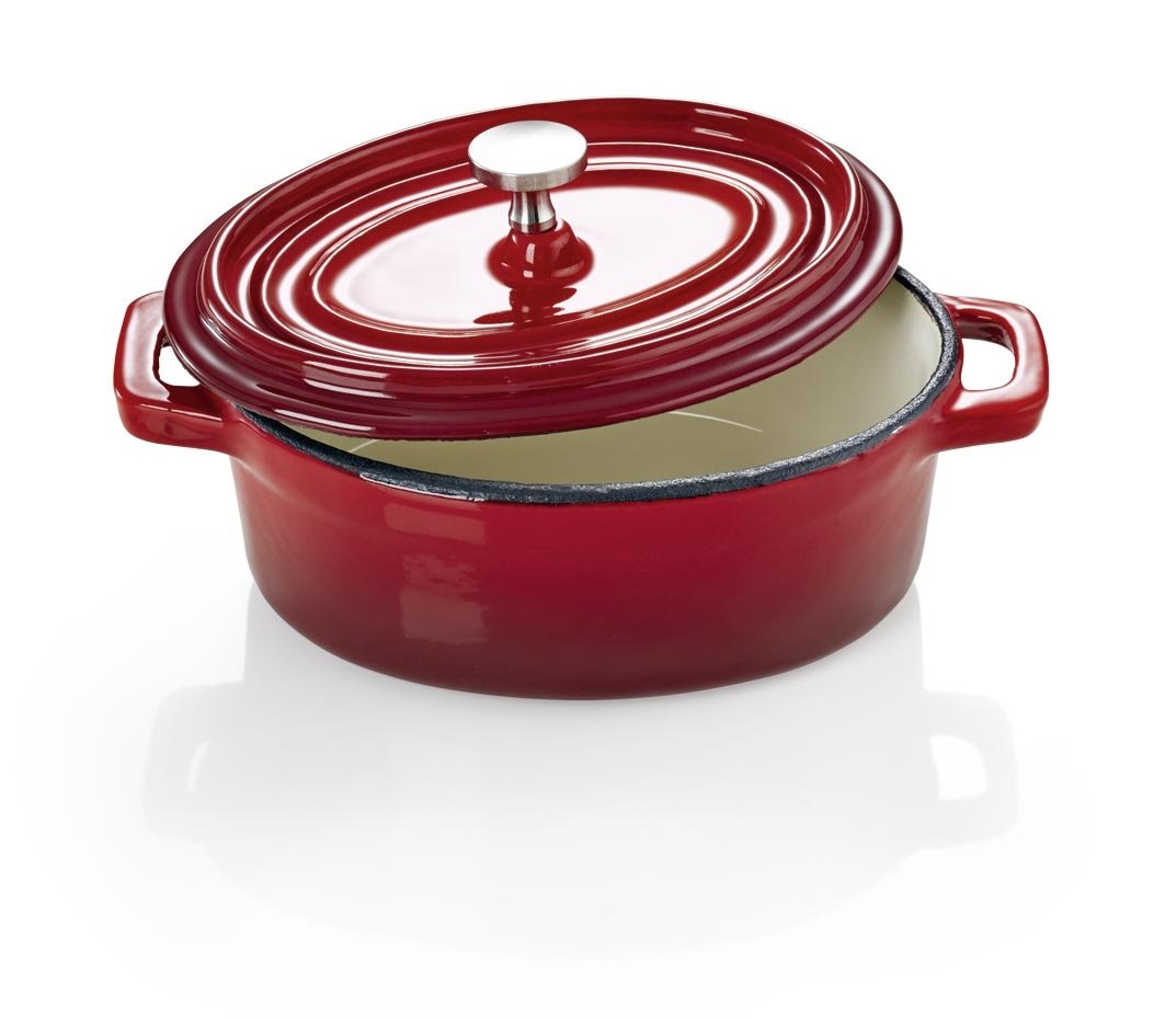 Cocotte Gusseisen oval, rot/weiss – Mini-Schmortopf emailliert, 12x8x8 cm – Perfekt für Ofen & Herd