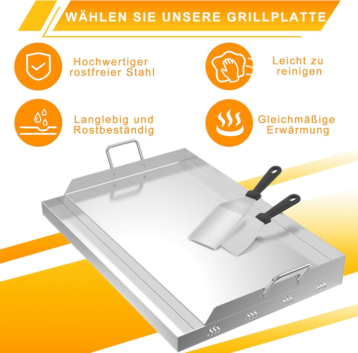 XMTECH Edelstahl Grillplatte mit Henkel, 47x32x7 cm, Gleichmässige Wärmeverteilung für Gas- und Kohl