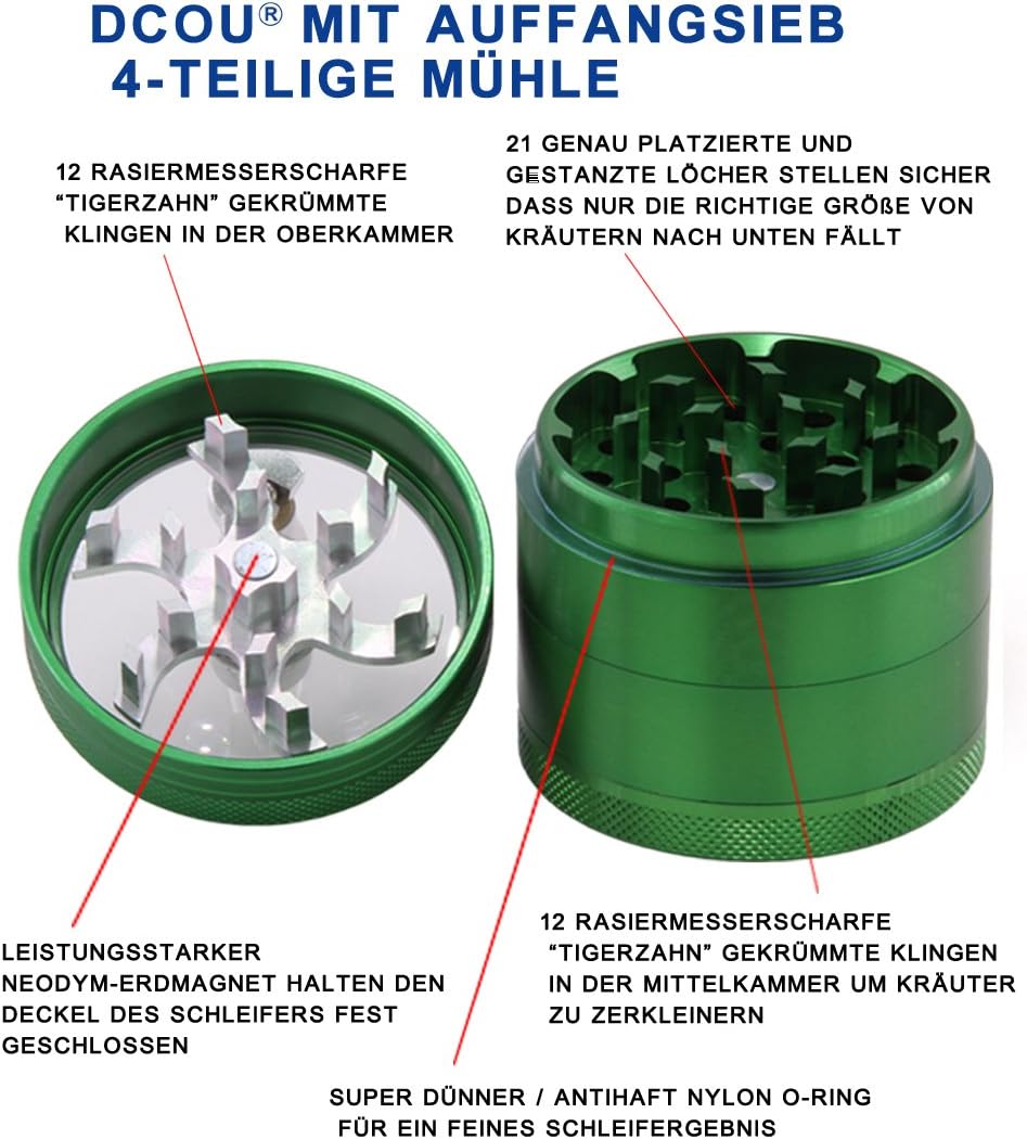 DCOU Handkurbel Premium Mühle unzerbrechlich CNC Aluminium Metall Mahler Schleifer 4 Teile Ø55mm Grü