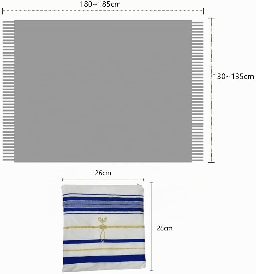 Tallit Gebetsschal, Englisch/Hebräisch mit passender Tasche, Blau, 180x130cm, Englisch/Hebräisch
