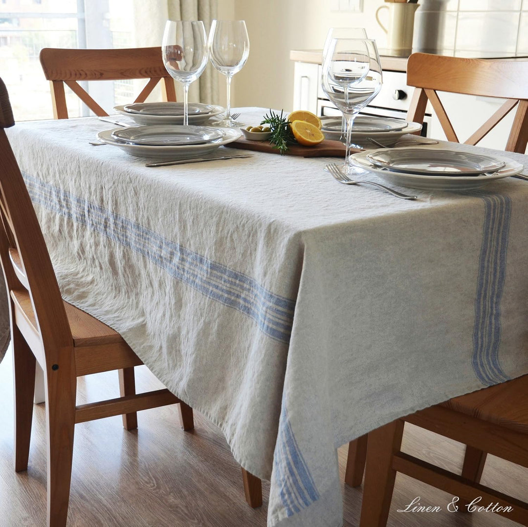 Linen & Cotton Luxus Vintage Shabby Chic Rustikal Tischdecke Provence - 100% Leinen, Beige Natur Bla