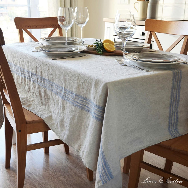 Linen & Cotton Luxus Vintage Shabby Chic Rustikal Tischdecke Provence - 100% Leinen, Beige Natur Bla