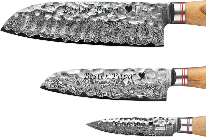 zayiko Minami 3er Damastmesser-Set mit Gravur – Personalisiertes Messer-Set mit 9–17cm Klingen aus 6