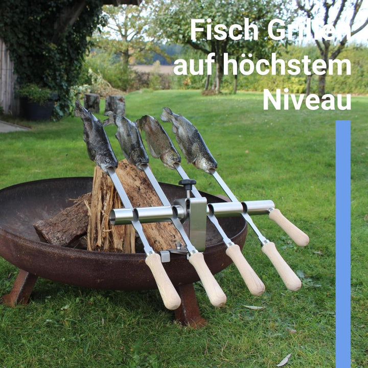 SCHILLING Fischgrilltechnik/Steckerlfisch Halter/Feuerschale/Edelstahlspiesse / 4 Fische