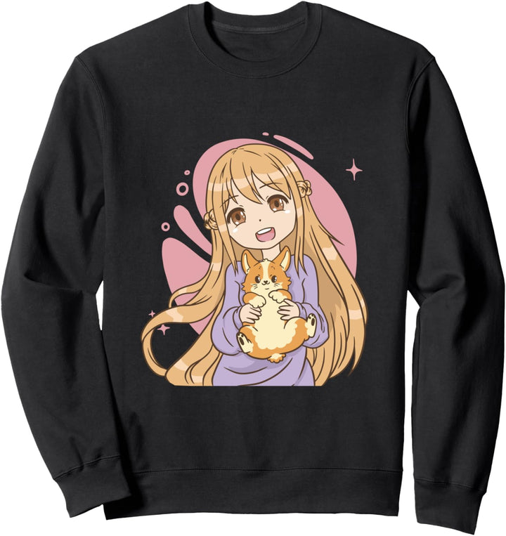 Niedliches Anime Mädchen mit Corgi-Hund Kawaii Sweatshirt
