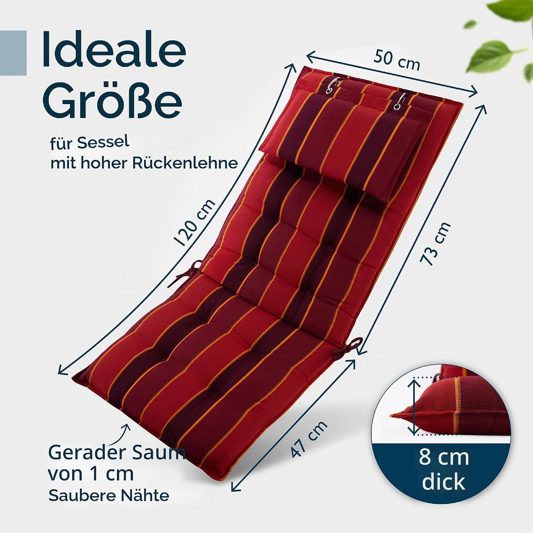 Beautissu 3er Set Premium Hochlehner Auflage Kopfpolster rutschfest robust | 120x50cm Rot gestreift