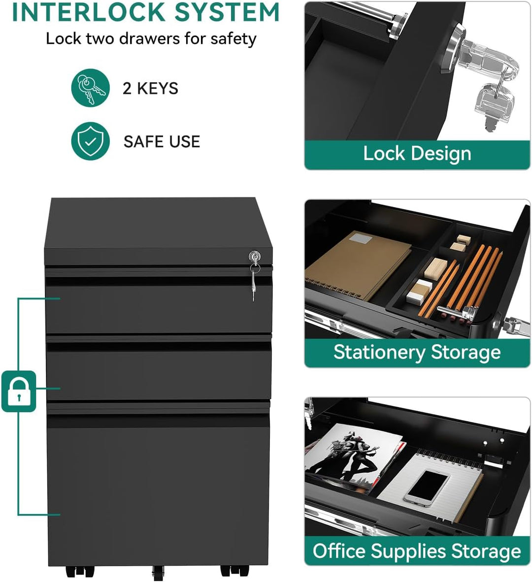YITAHOME Mobiler Aktenschrank, Abschliessbar Rollcontainer mit 3 Schubladen für A4, Legal, Letter, M