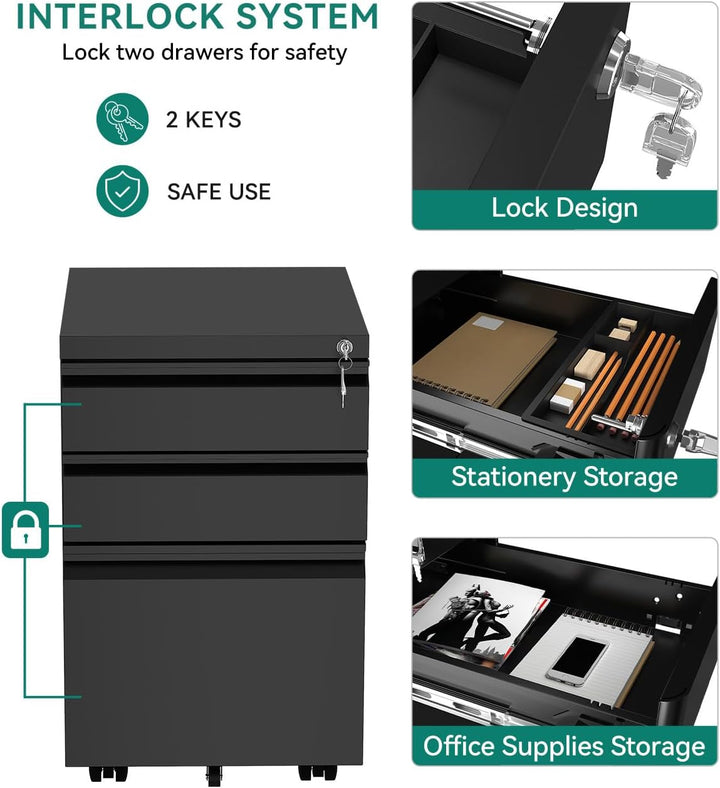 YITAHOME Mobiler Aktenschrank, Abschliessbar Rollcontainer mit 3 Schubladen für A4, Legal, Letter, M