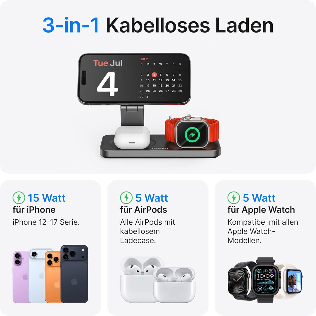 Voomy 3-in-1 Induktive Ladestation Kompatibel mit Magsafe Ladegerät, iPhone, AirPods & Apple Watch,