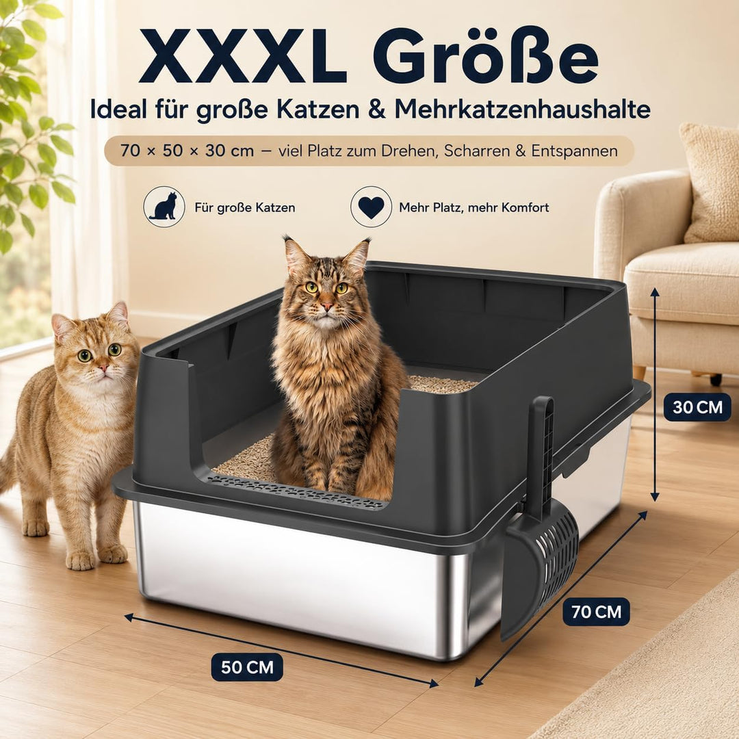 XXXL Edelstahl Katzenklo hoher Rand 70 × 50 × 30 cm 90 L offene Katzentoilette Edelstahl für grosses