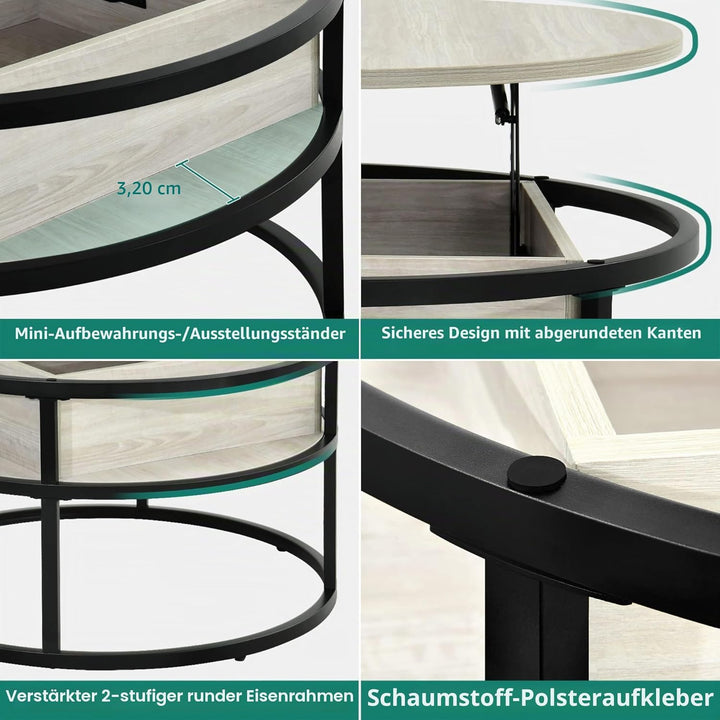 YITAHOME Couchtisch Rund mit Hebeplatte, Wohnzimmertisch mit verstecktem Ablagefach, Beistelltisch R