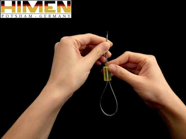 50x PLOMBEN aus Metall mit Drahtseil von HIMEN | Länge 280 mm | fortlaufend nummeriert | mit BARCODE