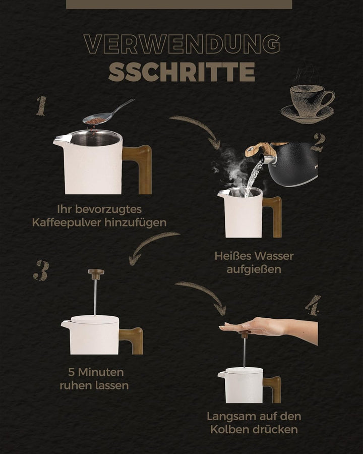 Poliviar French Press Kaffeebereiter 1 Liter/8 Tassen, Doppelwandige Isolierte Kaffeekanne, Handfilt