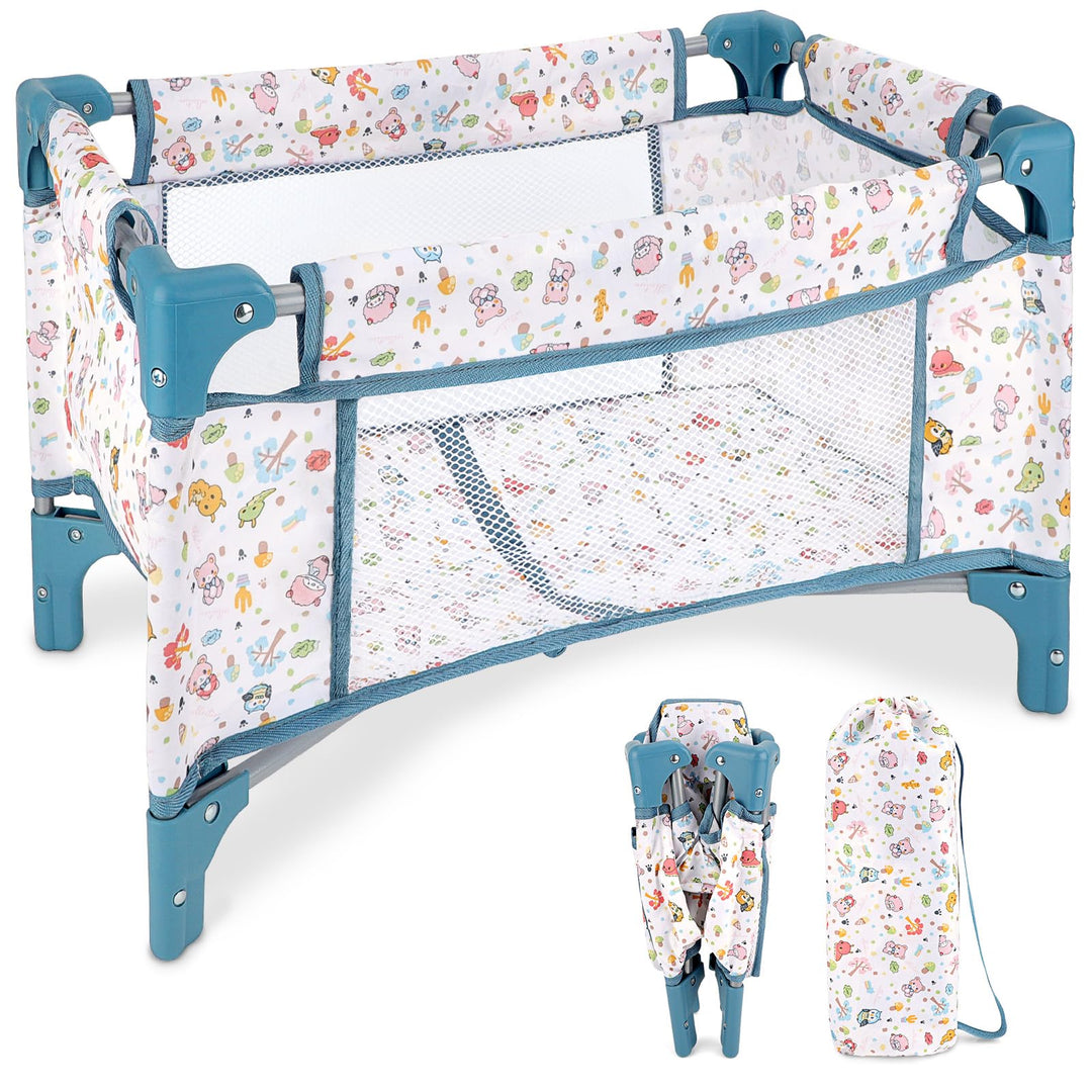 deAO Puppen-Reisebett Faltbar, Grosses Puppenbett für 30-53 cm Puppen - Blau