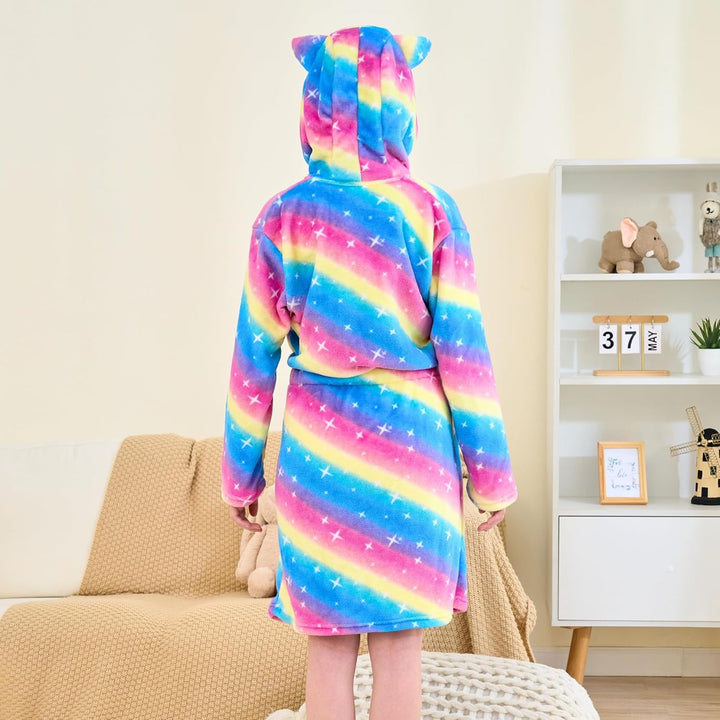 Katzen Bademantel für Mädchen Weiches Fleece Morgenmäntel mit Kapuze und Katzenohren Regenbogen 4-5