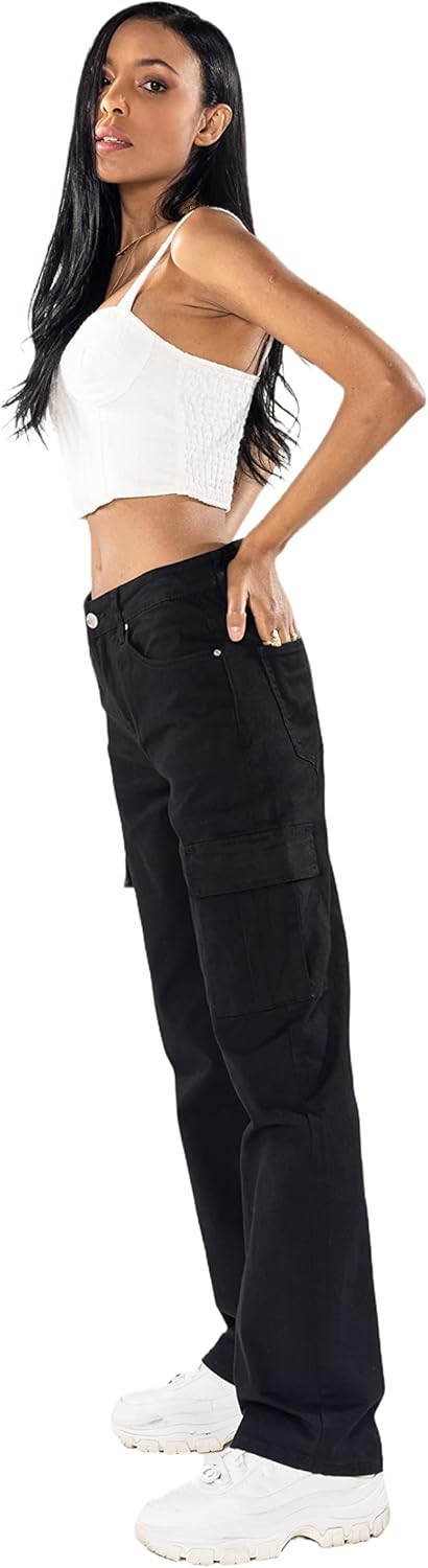 Nina Carter Q1885 Damen Cargo Jeans High Waist Cargohose Stretch Straight Leg Hose XS Schwarz (Q1885