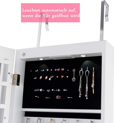 RELAX4LIFE Schmuckschrank, Schmuckregal mit LED-Beleuchtung & Spiegel & Schloss, Schmuckorganizer fü