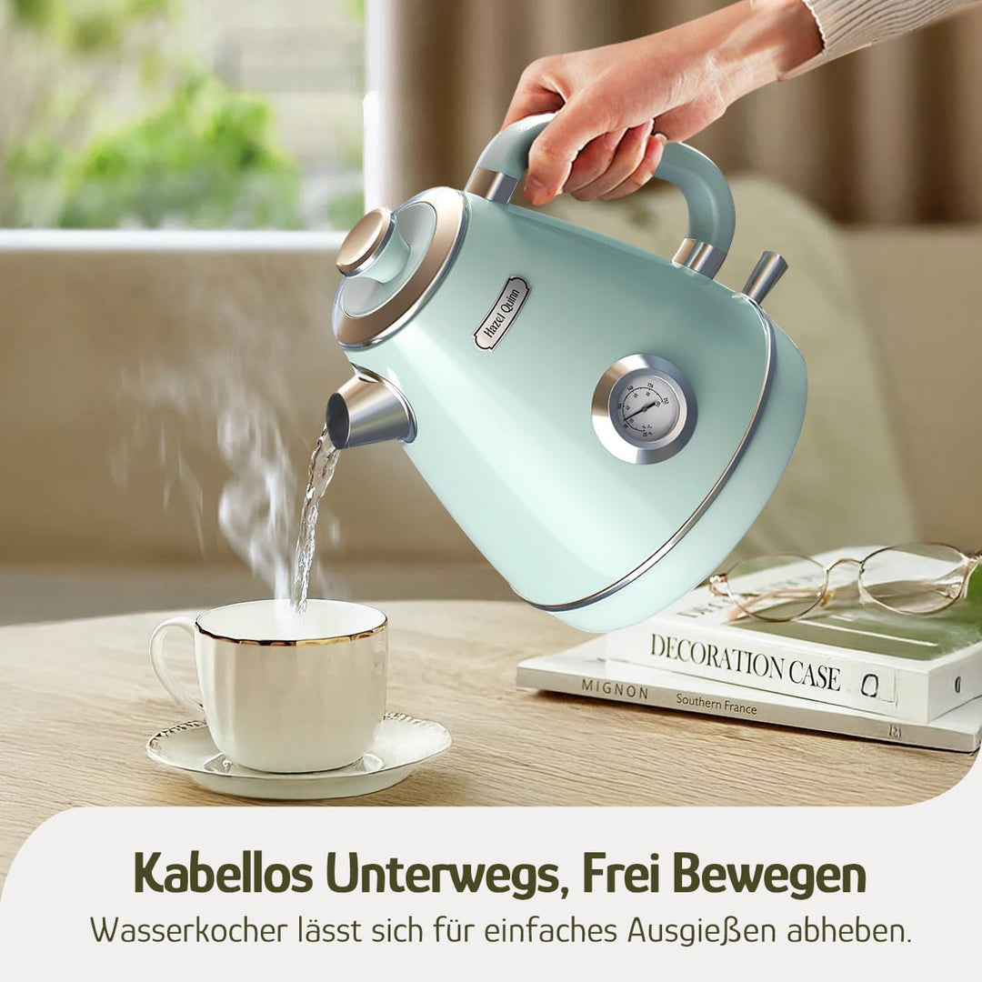 Hazel Quinn Elektrischer Wasserkocher Edelstahl, BPA-frei, Temperaturanzeige, Retro Design, Automati
