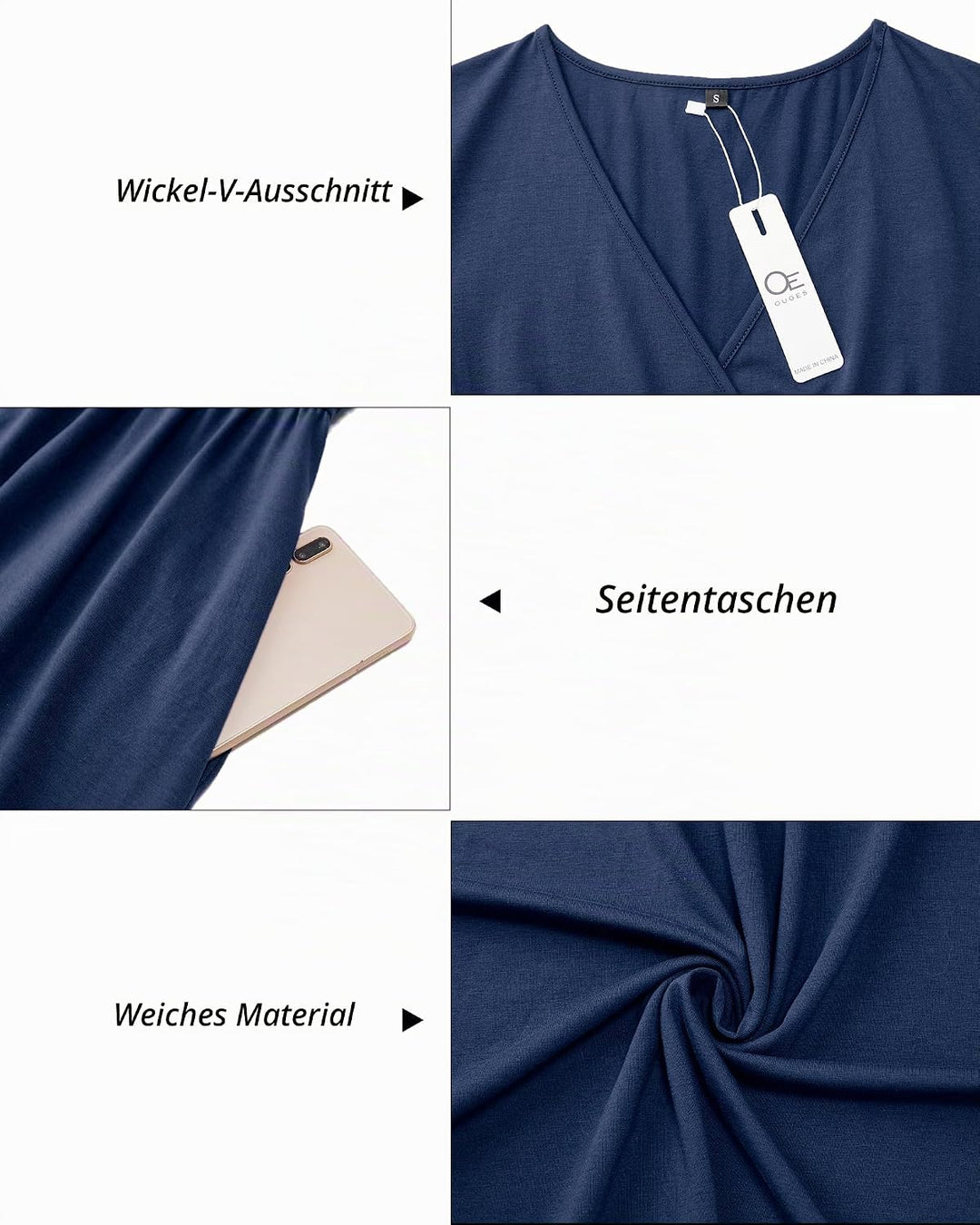 OUGES Sommerkleid Damen Kurzarm V-Ausschnitt Knielang Blumenmuster Midi Kleid mit Taschen S Marine-0