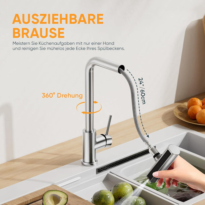 BESy Küchenarmatur mit 3 Strahlarten, Herausziehbarer Brause Wasserfall Wasserhahn Küche, 360° Drehb
