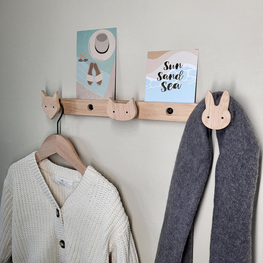 ScandiHooks Kinder Garderobe aus massivem Eichenholz, Wald-Tiere, Wandgarderobe, Hakenleiste, Bilder
