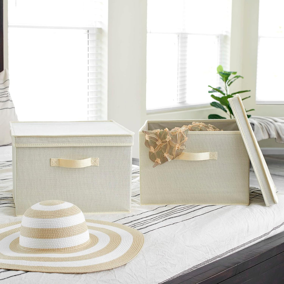 Household Essentials Square KD Storage Box With Lid, Cream Linen Quadratisch Cream, Quadratisch Crea