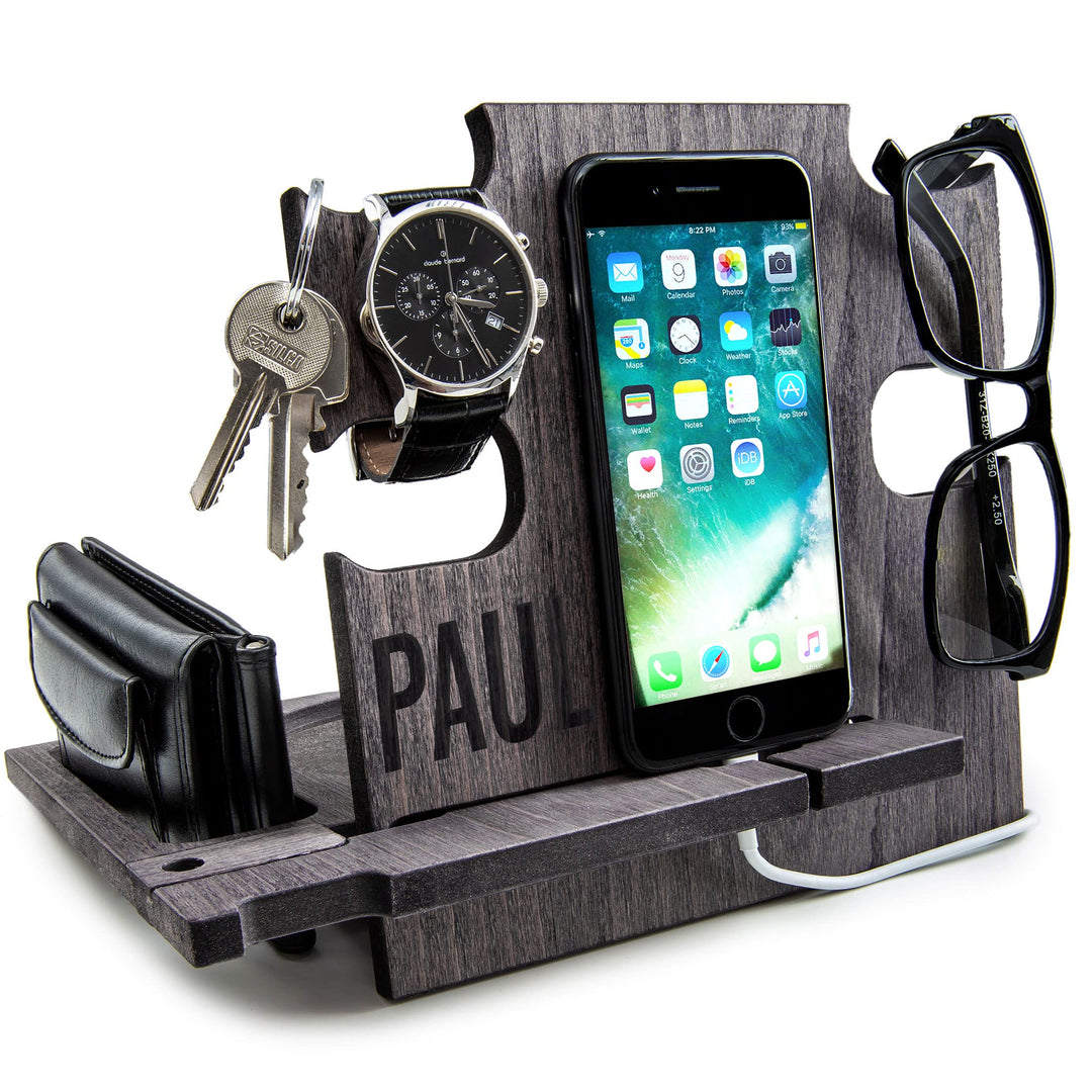 Personalisierte Dockingstation, Smartphone-Ständer - Nachttischhalter aus Holz, Geschenkidee für Män