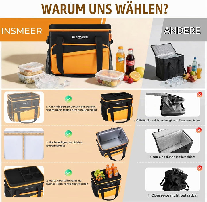 INSMEER Grosse Kühltasche für 40L/55 Dosen, Faltbar, mit Hart Deckel Orange, Orange