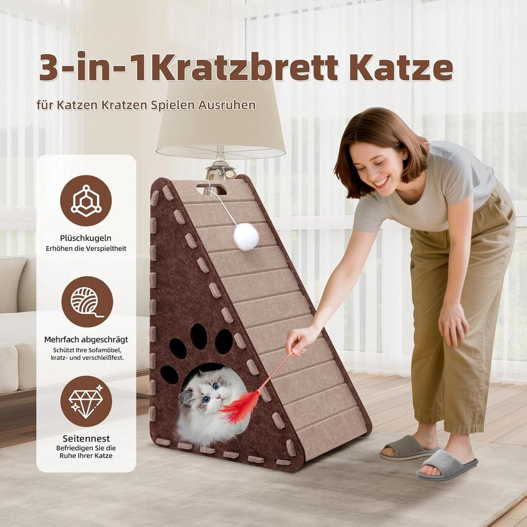 3-in-1Kratzbrett Katze für Katzen Kratzen Spielen Ausruhen, Filz Dreieck Katzenhaus, Leicht zu Reini