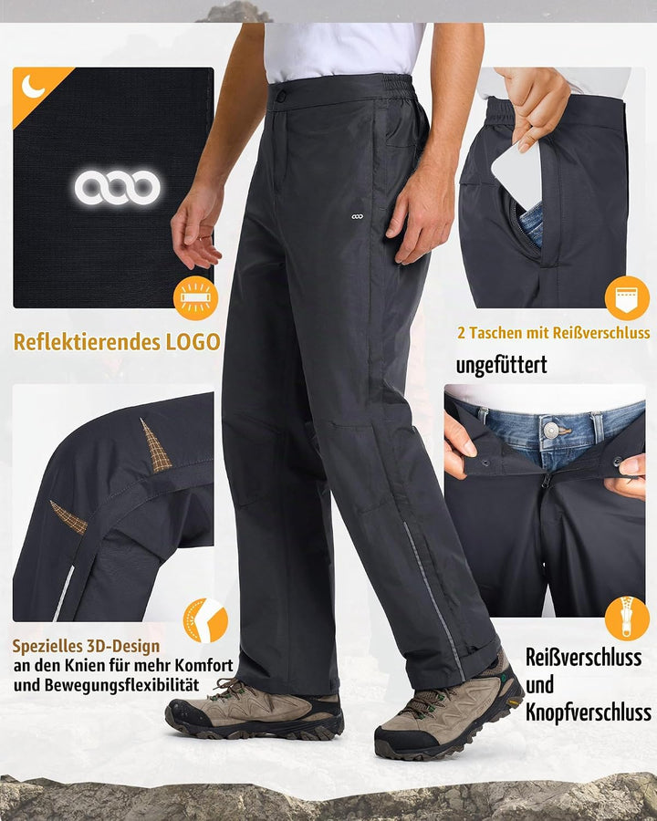 33,000ft Regenhose Herren Wasserdicht Full Zip Wanderhose, Atmungsaktiv 2-Lagen Überziehhose Fahrrad