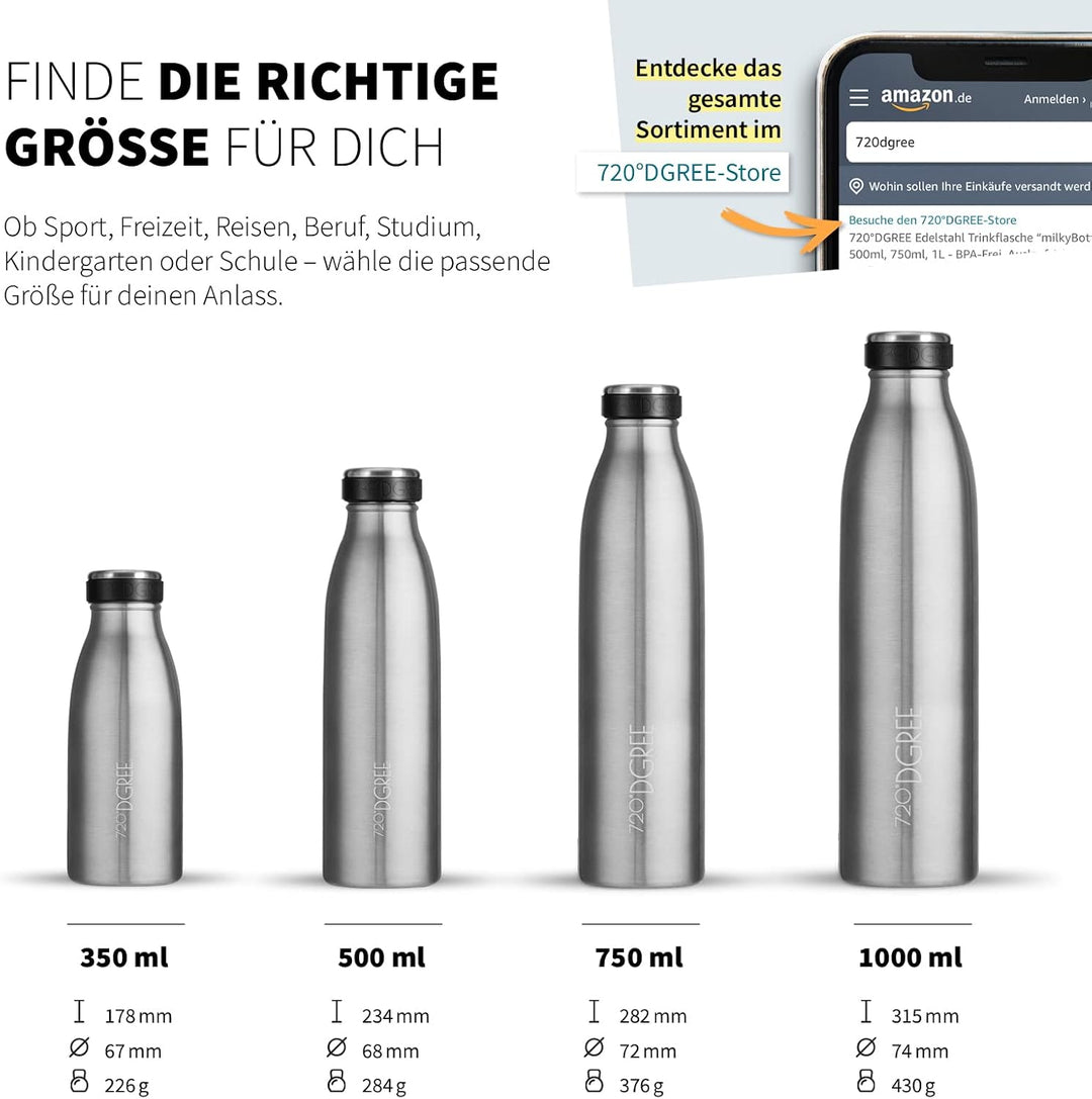 720°DGREE Edelstahl Trinkflasche “milkyBottle” - 1L - BPA-Frei, Auslaufsicher, Kohlensäure geeignet