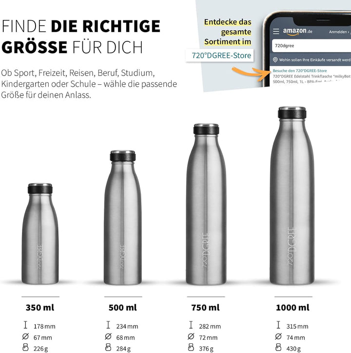 720°DGREE Edelstahl Trinkflasche “milkyBottle” - 1L - BPA-Frei, Auslaufsicher, Kohlensäure geeignet
