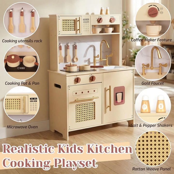 WoodenFun Rosa Retro Kinderküche aus Holz Creme-Beige Spielküche mit Mikrowelle, Backofen, Spüle & Z