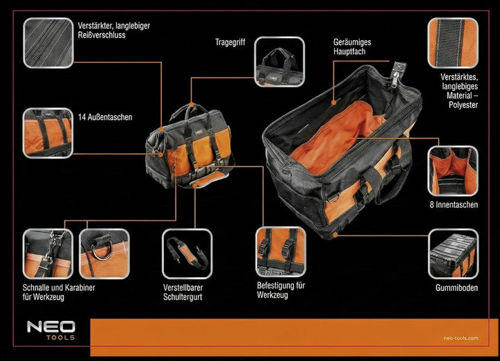 NEO TOOLS Werkzeugtasche 40 x 22 x 33 cm, Nylon 600D 8 Innentaschen, 14 Aussentaschen, wasserdichter