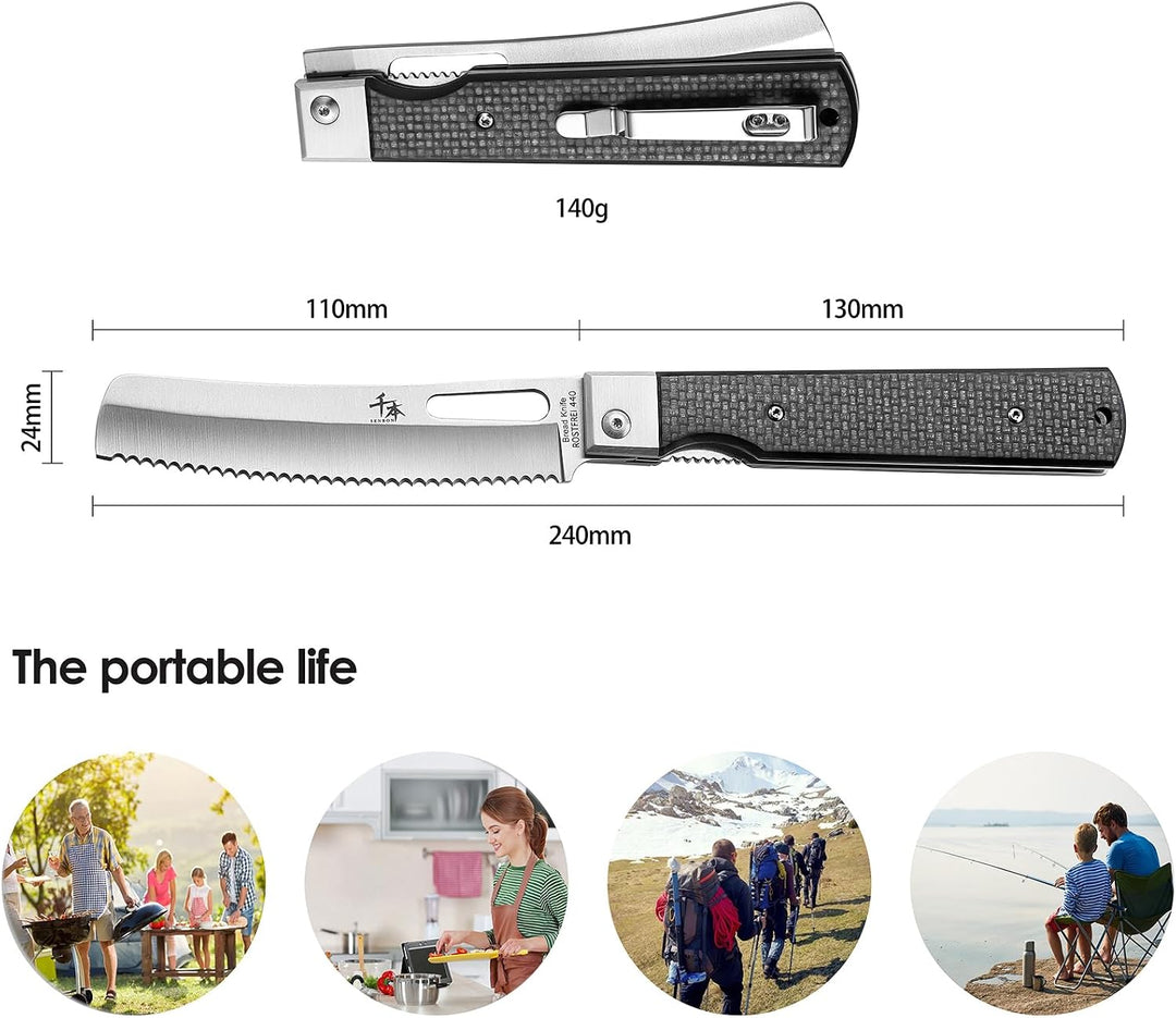 SENBON 440A Camping Brot Messer Edelstahl Sharp japanisches stil Falten Tragbare Reise Gebäck Kohlef