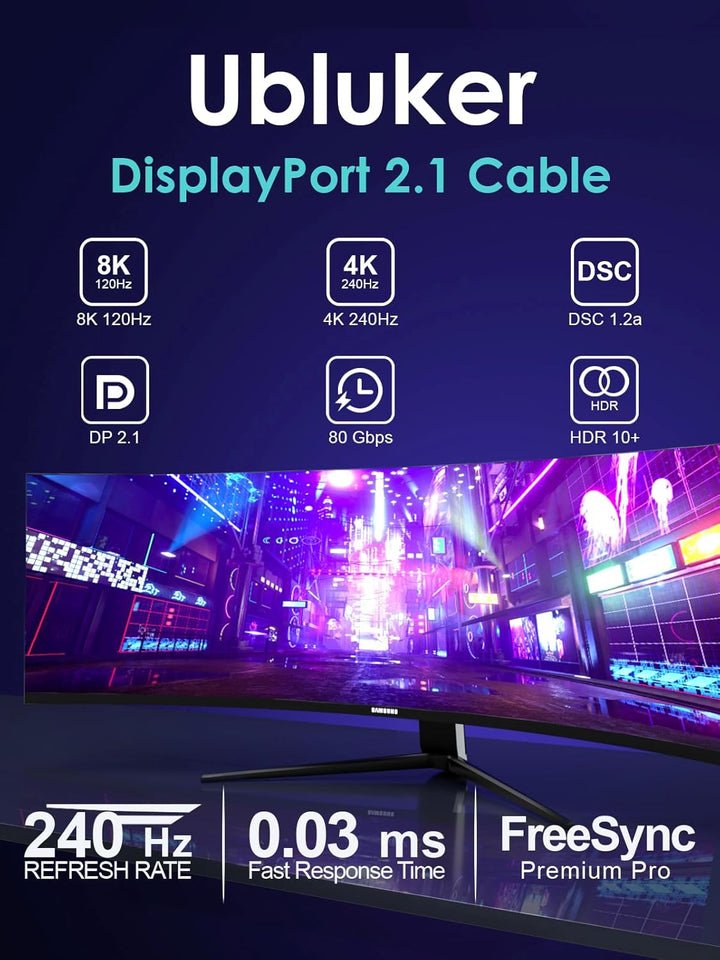 16k 8k DisplayPort 2.1 Kabel 80Gbps 1M, Zertifiziert Ultra-high Bit Rate DP Kabel UHBR20 HDR10+ DSC1