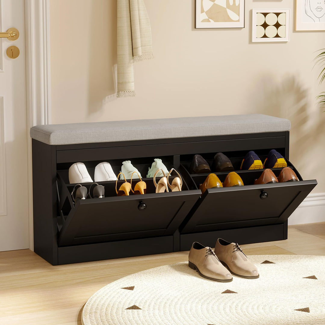 VOWNER Schuhschrank mit 2 Klappen, Schuhregal Schuhkipper Schmal, Sitzbank mit Sitzkissen, Verstellb