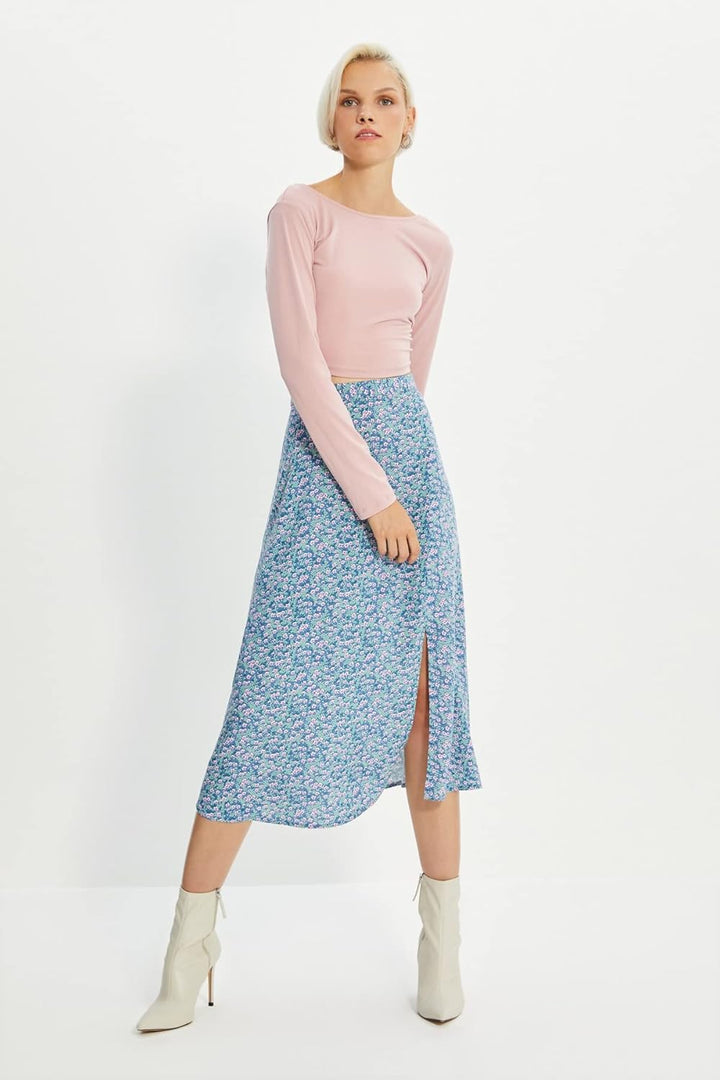 TRENDYOL Frau Midi A-Linie A-Linie Webstoff Rock 38 Blau, 38 Blau