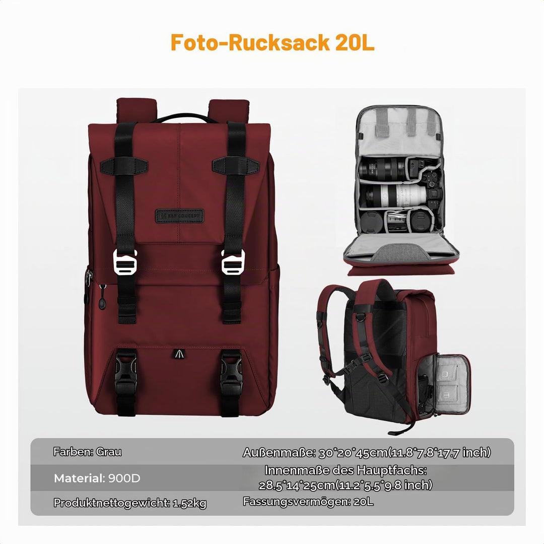 K&amp;F CONCEPT Kamerarucksäcke 20L, Grosse Camera Backpack 15,6 Zoll Laptopfach, Spritzwassergeschutzt